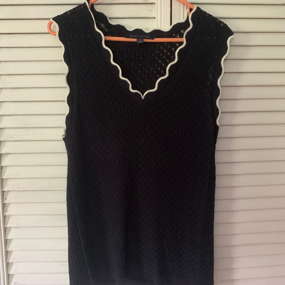 Tommy Hilfiger Navy Blue Knit Tank with White Scallop Trim